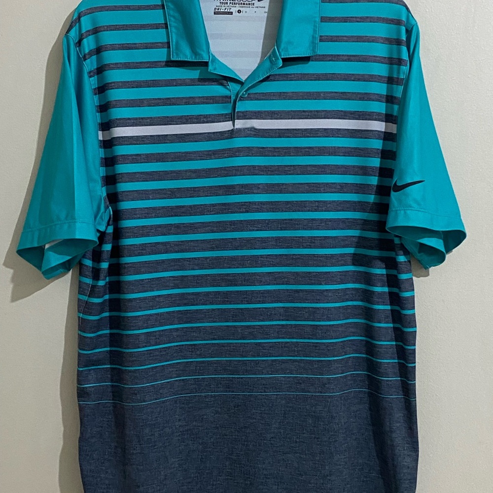 Nike Men’s Teal and Gray Striped Dri-Fit Polo Shirt Size S
